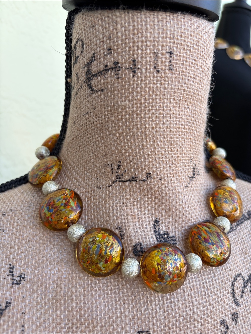 Premier Designs Amber Multicolor Foil Glass Necklace with Silver Beads